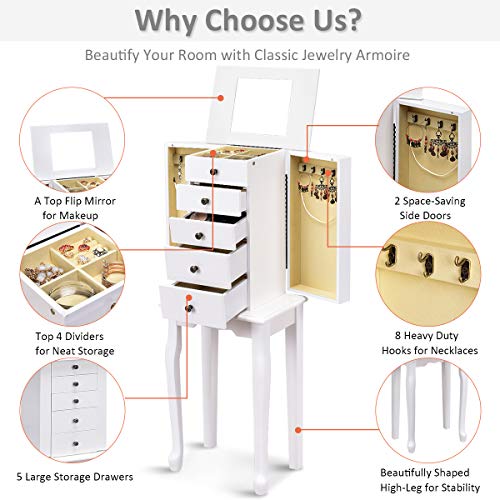 Giantex Jewelry Cabinet Armoire Box Storage Chest Necklace Stand Organizer - color: White
