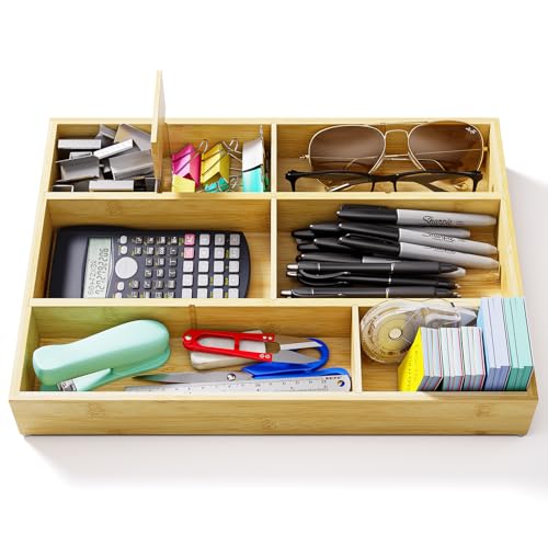 Bamboo Drawer Organizer with 9 Adjustable Compartments, Office Desk Organization Tray for Office Utensils, Supplies, Makeup, Jewelry, and More – Ideal for Desk or Drawer Storage - size: 9 Compartments
