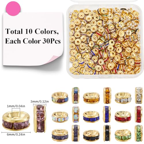 1 Box 300Pcs 10 Colors Gold Rondelle Spacer Beads Bulk Rhinestone Bead Spacers 6mm Grade A Brass Rhinestones Crystal Round Metal Charms Beads for Jewelry Making Bracelets Earrings DIY Crafts - style: Style 2