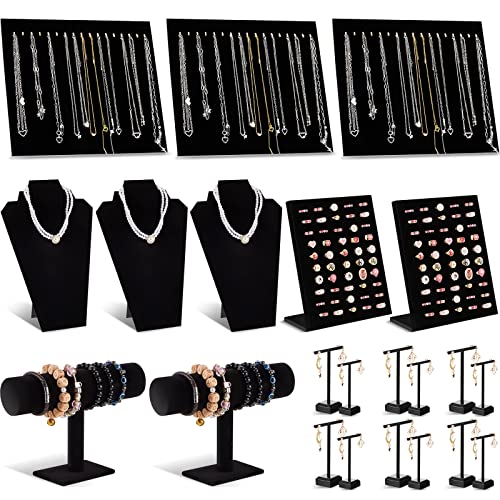 Henoyso 22 Pcs Velvet Jewelry Display Set Jewelry Display for Selling Necklace Stand Bracelet Holder T Shape Earring Stand - color: Black