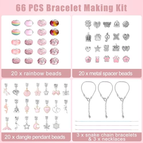 Emibele Girls Charm Beads Bracelet Making Kit with Portable Jewelry Box, Jewelry Making Kit for Kids Age 5 6 7 8-12, DIY Arts Crafts Toys for Teens Girls Gift Choices on Birthday Valentines Christmas - color: A-Pink