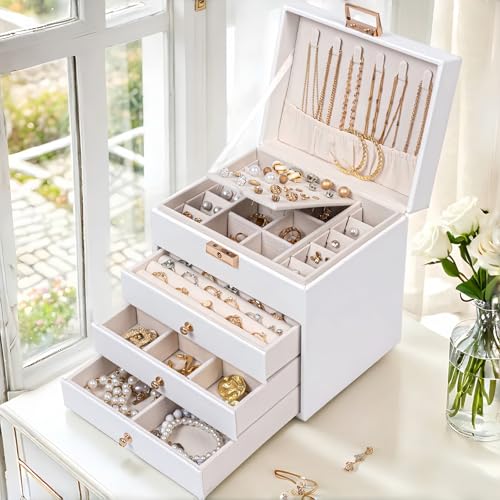 Leather Jewelry Box with Lock for Women, 4-Tier 3-Drawer Jewelry Organizer, Large Capacity Vanity Storage Case for Earrings Rings Necklaces, Gift for Her (White) - color: White