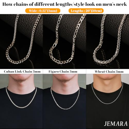 JEMARA 3Pcs Men's Stainless Steel 3mm Silver Chain Necklace Sets ，Non Tarnish Cuban Link Jewelry Gifts（18-22 inch） - size: 20 inches