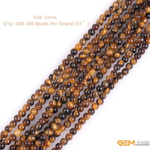 GEM-Inside Natural 2mm Tiger Eye Gemstone Loose Beads Round Crystal Energy Stone Power for Jewelry Making 15'' - color: Yellow Tiger Eye, size: 2mm
