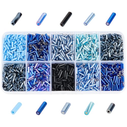 3000 Pcs 10 Colors Glass Bugle Beads, Blue Series Screwy Bugle Beads Long Tube Seed Bead Loose Spacer Bead for DIY Crafting Jewelry Making - color: Blue Series