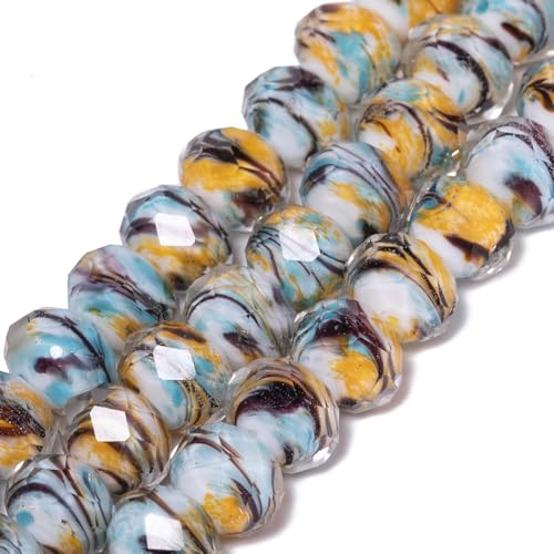 7.5×10mm 50pcs Yellow Blue Black Stripe Faceted Lampwork Glass Beads for Jewelry Making, Flat Round Handmade Murano Beads for Bracelets, Crafts, Friendship Bracelet Kit, Rosary Making - color: Yellow Blue Black Stripe