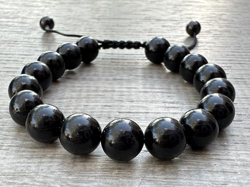 GAF TREASURES Grade A ++ Gemstone Round Bead Adjustable Bracelet 10mm, Genuine Crystal Bead Bracelet, Gift for Men & Women - color: Jet