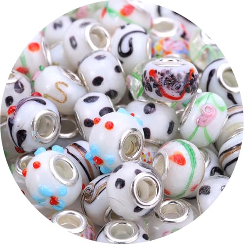 AIPRIDY 50Pcs 15x11mm Murano Large Hole Glass Beads with Silver Brass Cores European Beads for Jewelry Making (Opec White) - color: Opec White