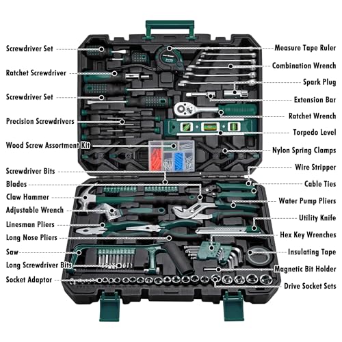 CARTMAN 238-Piece Tool Set with Socket Wrench & Auto Repair Tools Mixed General Household Hand Tool Kit, Green Plastic Toolbox Storage Case Comprehensive DIY, Home & Car Maintenance - color: Green
