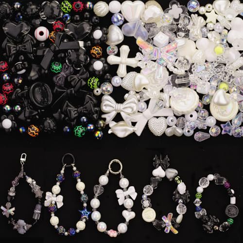 LAIDANLA Black and White Assorted Acrylic Beads for Bracelets Jewelry Making, Aesthetic Random Mix Cute Beads Flower Star Heart Bow Butterfly Bear Candy Beads for DIY Necklace Keychain 160g - color: 2 Colors Series-Black+White