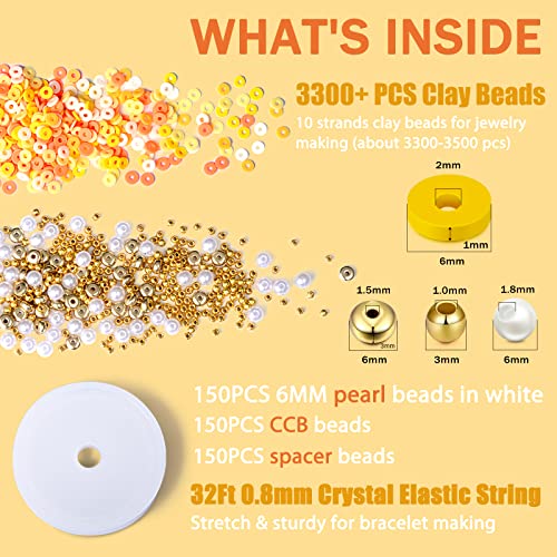 AceFun 3750PCS Clay Beads for Bracelets Making Polymer Clay Beads Kit with Pearl Beads Spacer Beads, Disc Heishi Beads Set for Jewelry Making Necklace Bracelet Earrings Finding, Yellow Mixed - color: Yellow Mixed