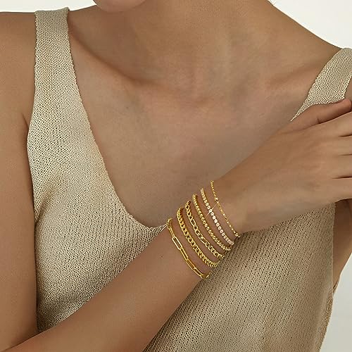 adoyi Gold Bracelets for Women, 14K Gold Plated Stackable Bracelet Stack Set Adjustable Charm Paperclip Chain Cuban Link Layered Waterproof Jewelry Sets Gifts for Womens - color: Gold 6.5 IN General Wrist