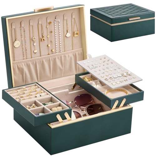 Lolalet Jewelry Box Organizer for Women Girls, 2 Layer Jewelry Organizers and Storage for Necklace Earrings Rings Bracelets, Large Jewellery Holder Case Birthday Mothers Day Gifts -DarkEmerald - color: Dark Emerald