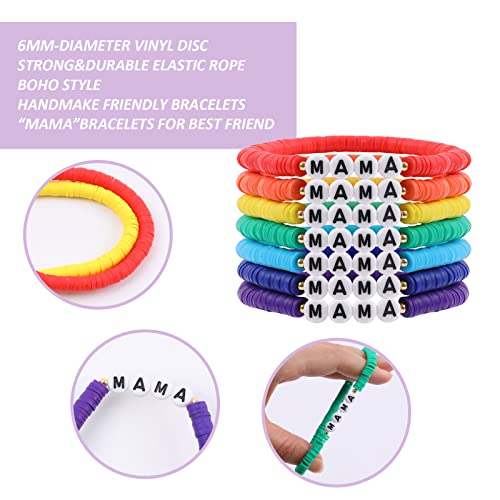 Rainbow Heishi Surfer Bracelets Set for Women Stackable Clay Beaded Bracelets Disc Stretch Preppy Bracelets Layering Colorful Friendship Bracelets Team Cheer Bulk Boho Summer Beach Jewelry Gift - style: MAMA
