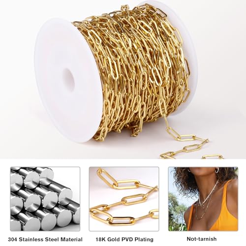 [33 Ft] Stainless Steel Paperclip Chains Roll, 3mm Width 18K Gold PVD Plated Stainless Steel Oval Link Chains Spool Bulk for Jewelry Making - color: 18k gold(3mm)