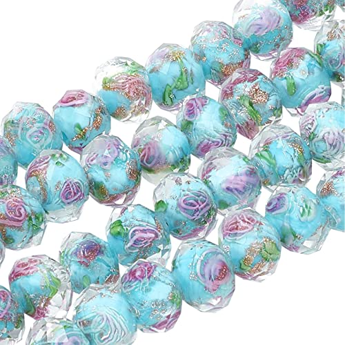 PH PandaHall 60pcs 9~10mm Blue Rose Lampwork Beads Gold Sand Glass Beads Flower Glass Beads 1.5~2mm Hole Floral Handmade Lampwork Beads Round Loose Beads for Rosary Making Jewelry Craft Making - color: Deep Sky Blue, size: 10mm