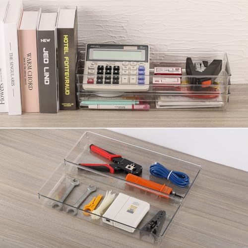 6 Pcs Large Clear Plastic Drawer Organizers Tray 15" x 6.3" Storage Bins with 25 Pcs Non-Slip Pads for Makeup, Jewelries, Kitchen Utensils, Bathroom and Office - size: 15"x6"
