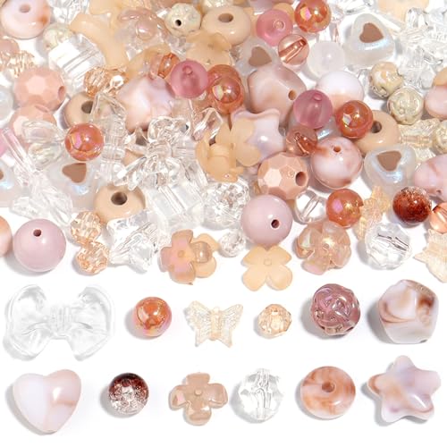 150g(170~230pcs) Aesthetic Acrylic Assorted Beads Cute Beads for Jewelry Making Kawaii Flower Heart Star Butterfly Bow Round Beads Bulk for Bracelets Making Necklaces DIY Crafts (Coffee) - color: 150g-Coffee