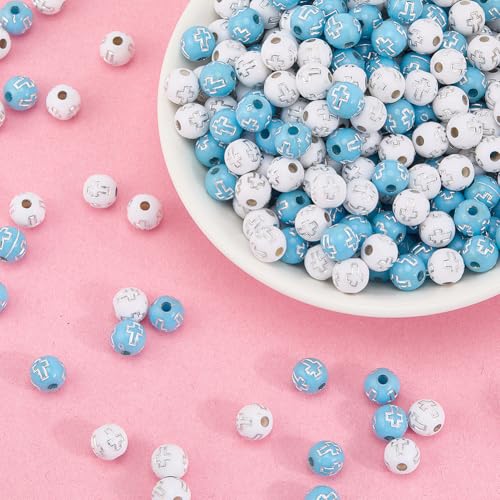 500Pcs Cross Round Beads Crucifix Bead Acrylic Silver Easter Cross Pattern White Blue Ball Shaped Loose Spacers for Bracelets Earrings Necklaces Jewelry Making DIY Crafting Holy Accessories - color: White, Blue