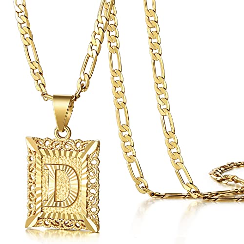 KissYan Initial Letter Pendant Necklace for Men Women, 14K Gold Plated Square Capital Monogram Necklace Alphabets from A-Z Figaro Chain Jewelry - color: 1-Gold, style: D