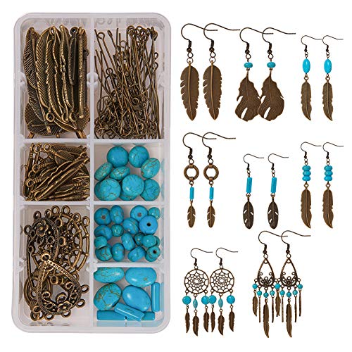 SUNNYCLUE 1 Box DIY 8 Pairs Bohemian Feather Dream Catcher Earring Making Kit Antique Bronze Feather Charm Connector, Turquoise Gemstone Beads, Earring Hooks Jewelry Supplies Beginners, Instruction - color: Chandelier Bohemian Style B