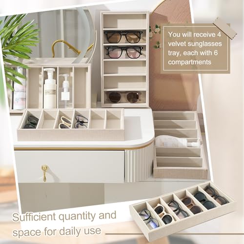 Juexica 4 Pcs Velvet Sunglasses Organizer Tray 6 Grid Sunglass Organizer Velvet Tray Stackable Glasses Display Case for Women Glasses Jewelry Display Watch (Linen) - color: Linen
