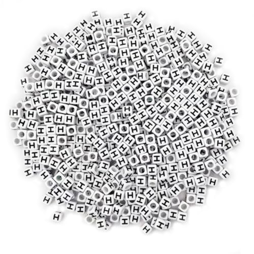 600PCS 6x6mm Square Acrylic Letter Beads H for Friendship Bracelets Jewelry Making, White Acrylic Cube Base with Black Alphabet Beads for DIY Crafts Bracelets Necklaces Key Chains Phone Lanyard - color: Letter H(Black on White)