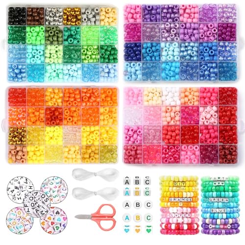Beadiebling 3200 Pcs 6 * 9mm Pony Beads Bulk in 96 Colors - Friendship Bracelet Making Kit with 2400 Plastic Beads & 800 Letter Beads in 4 Storage Boxes with 2X Strings & Scissor - color: 3200 Pcs - 96 Colors