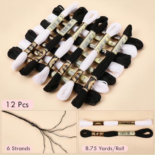 12 Skeins 105 Yards Black White Embroidery Floss Thread Bulk 6 Ply Cross Stitch Floss Variegated Friendship Bracelet String Threads for Jewelry Making Bracelet Knitting Stitch Craft Supply - color: Black,white