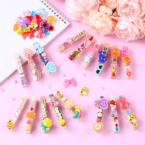 JOICEE 80PCS Cheer Pins Spirit Clips,Include 80 Natural Wooden Clothes Pins 126 Resin Animals Bows Daisy and Stickers Pen 300 Beads Pearls for Cheerleading Backpacks Ribbon Team Cheer Gifts - color: Yellow