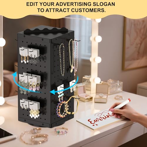 Urban Deco 360° Rotating Pegboard Display Stand with Signage, 4-Sided Spinning Peg Board Stand with 24 Hooks for Jewelry, Earring & Keychain Holder Displays for Craft Shows & Vendor Events (Black) - color: Black