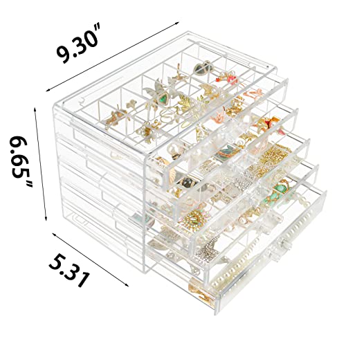 Weiai Clear Acrylic Jewelry Organizer, 90 Grids Adjustable Dividers Earrings Rings Storage Box - size: 5 Drawers