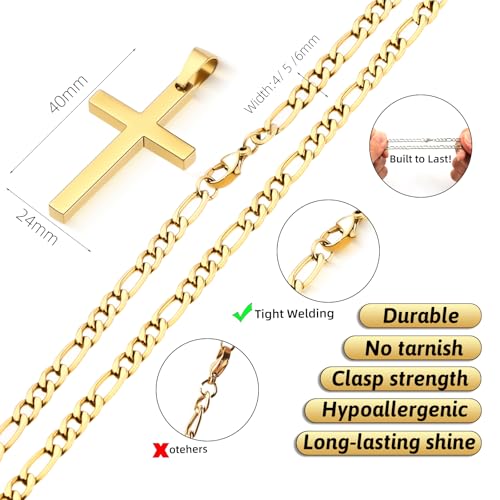 CaptainSteeL Cross Necklace for Men - Stainless Steel Silver/Gold Plain Cross Pendant Necklace Simple Jewelry Gifts, 20/22/24/26 Inches 3:1 Figaro Link Chain 4/5/6mm Width - size: 22inch, style: 4mm GOLD