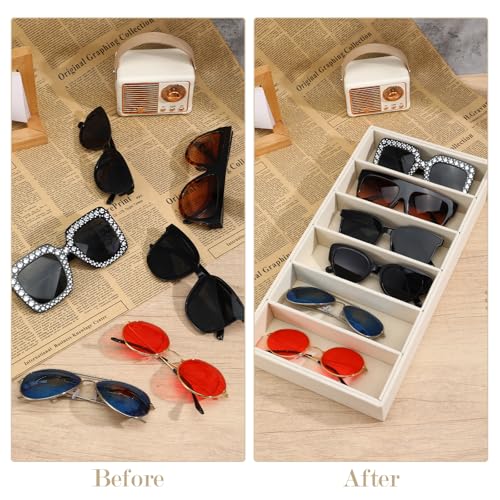 2 Pack Sunglasses Organizer Tray 6 Grid Jewelry Glasses Holder Storage Organizer Drawer Eyeglasses Sunglasses Display Velvet Tray for Women Glasses Jewelry Display Watch (Beige)
