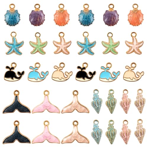 AUEAR, 30 Pack Ocean Starfish Conch Seashell Enamel Charms Pendants for DIY Jewelry Making (Ocean Style 2) - color: Ocean Charms 2, size: 30 Pack