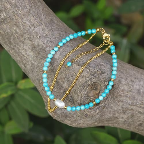 Peridot Stand Silver Gold Bracelets, Handmade Birthstone Stack Bracelet Crystal Gemstones Bead Chain Gift for Women, 8" - color: Gold-Turquoise Pearl
