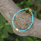 Peridot Stand Silver Gold Bracelets, Handmade Birthstone Stack Bracelet Crystal Gemstones Bead Chain Gift for Women, 8" - color: Gold-Turquoise Pearl
