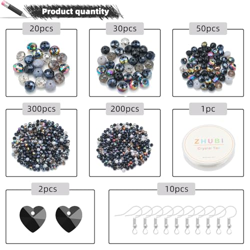Black Crystal Bead DIY Set - Approx. 600-Piece Glass Beads Kit with Mixed Size Crystal Rondelles & Heart Pendants - Perfect for Jewelry Crafting - Elegant Gift Box - color: Black