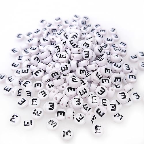 200+ Pieces 4x7mm Single Vowel E Letter Beads for Jewelry Making, White Round Acrylic Bulk Alphabet (Black on White) - size: Single letter E 200+ Pcs