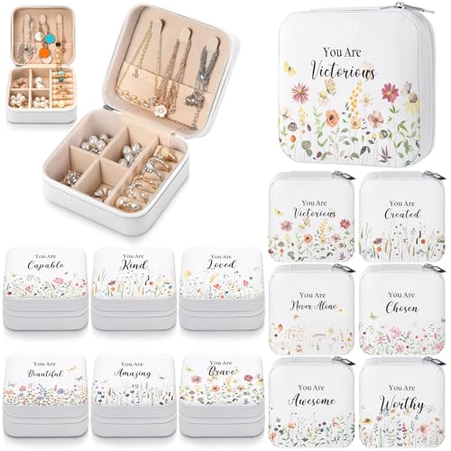 Kacctyen 12 Pieces Wildflower Mini Travel Jewelry Case Bulk You Are Amazing Loved Green Leaf Mother's Day Church Gifts for Secretary Day Party Girls Leather Travel Jewelry Case - color: Wild Flower