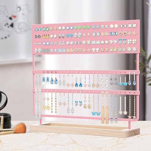 Earring Holder Organizer Stand - Earrings Display Rack 144 Holes Jewelry Holder Tower with Wooden Tray for Earrings Rings Pink - color: Pink