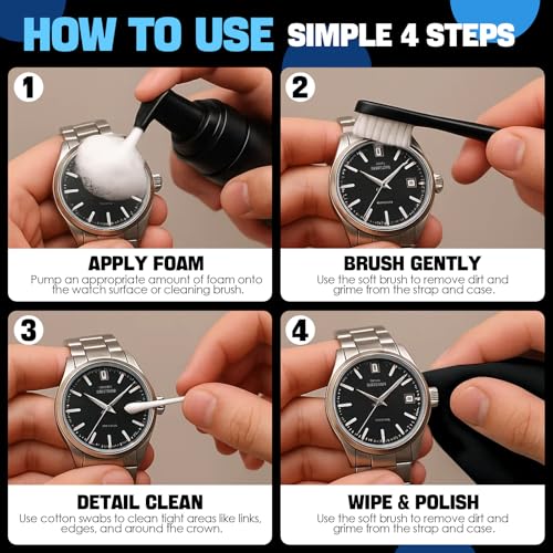 Watch Cleaning & Polishing Kit - Ultra-Gentle Micro-Foam Deep Cleans Bracelets, Cases & Bezels - All-in-One Kit: Cleaner, Brushes, Cloths, Swabs, Polishing & Dusting Tools for Watches & Jewelry