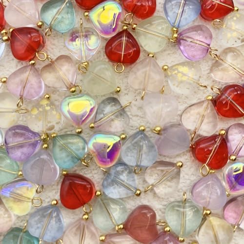 50pcs Glass Pendant Charms - Multicolor Theme Drops for Necklace Craft, Jewelry Making Supplies (Various Styles) - style: Heart 3#