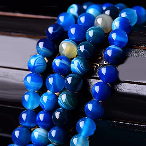37Pcs Natural Crystal Beads Stone 10mm Blue Stripe Onyx Agates Gemstone Round Loose Energy Healing Beads for Bracelet Necklace Earrings Jewelry Making - color: Blue, size: 10MM