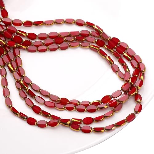 Glass Rice Beads Red 4x6mm 50pcs Faceted Oval Golden Edge Crystal Loose Beads for DIY Craft Jewelry Making - color: Red