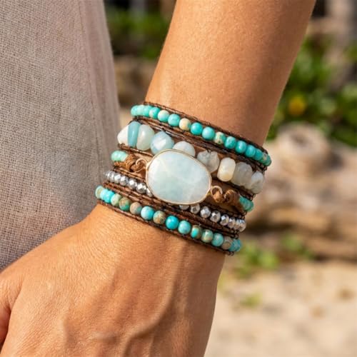 YGLINE Women Boho Handmade Natural Stone Crystal Leather Bead Wrap Bracelets Collection - color: Turquoise
