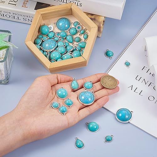 Pandahall 70Pcs Tibetan Style Teardrop Turquoise Connector Charms - Round Bohemian Earring Retro Antique Silver Western Link for DIY Boho Necklace Jewelry Making
