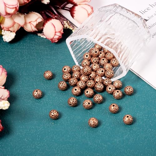 KISSITTY 50Pcs Antique Red Copper Round Iron Beads 8mm Small Hole Loose Metal Corrugated Round Bead Craft Tibetan Style Alloy Spacer Bead for DIY Jewelry Making Findings Charms Pendants