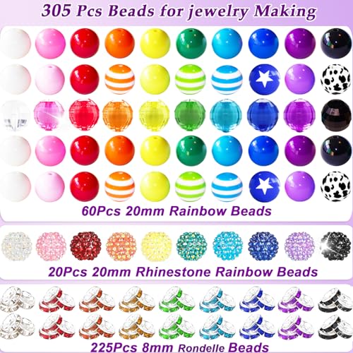 305Pcs 20mm Beads for Pens Making with Rondelle Spacer Beads Mixed Acrylic Focal Bubblegum Bead Crystal Round Sparkly Chunky Bead for Pens Beadable Necklace Keychain DIY Craft Jewelry Making Supplies - color: Rainbow