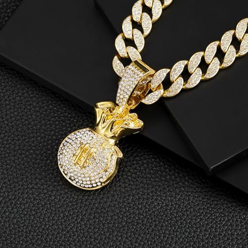 Ice Out Chain for Men Premium Zircon Stones Hypoallergenic Durable Hip-Hop Streetwear Chain Necklace Men - color: Gold, style: Dollars Bag